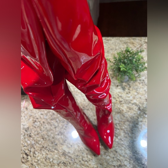 PLT Red Patent Leather Thigh High Slouch Pointed Toe Over The Knee Boots 10 - Picture 2 of 11
